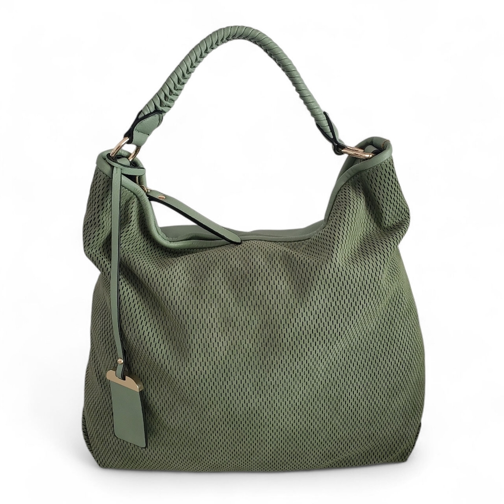 🔥MODA LUXE Large Olive Green Perforated Faux Suede‎ Slouchy Hobo Bag | Handbag